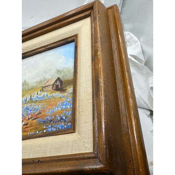 Vintage Bluebonnets In Field Texas Oil Painting Artwork In Mini Wood Frame - Picture 8 of 15